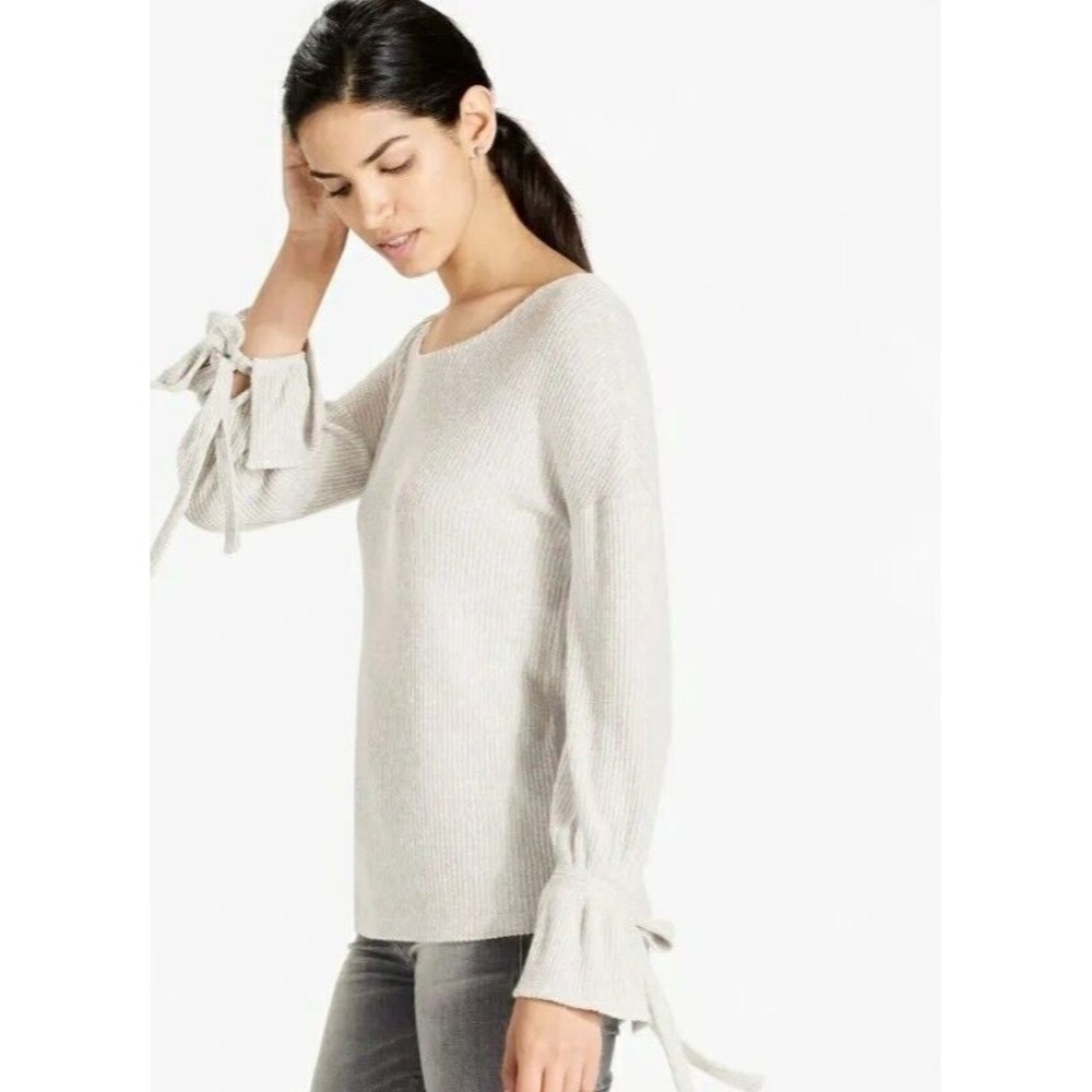 Lucky Brand Tie Sleeve Ribbed Pullover Sweater Women M Gray Soft Stretch…